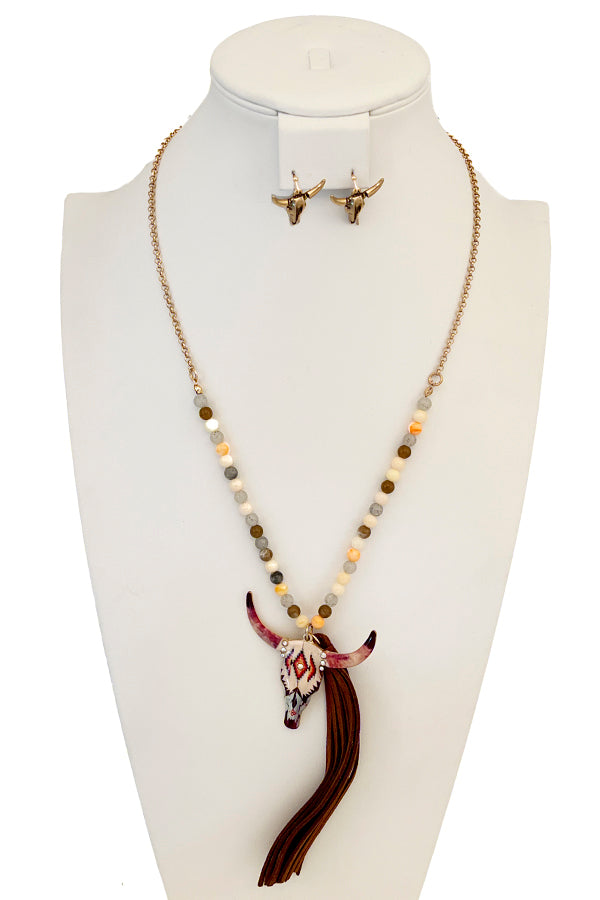 Floral Bull Tassel Pendant Bead Long Necklace Set