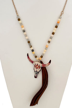 Floral Bull Tassel Pendant Bead Long Necklace Set