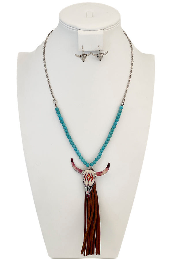 Floral Bull Tassel Pendant Bead Long Necklace Set