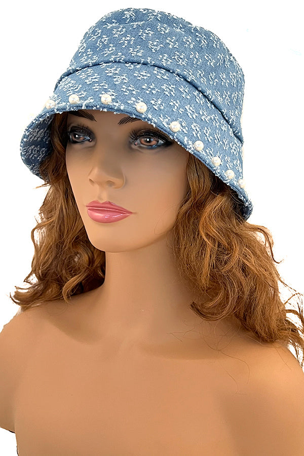 Distressed Pearl Accent Bucker Hat