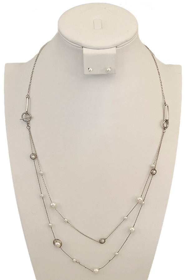 Layered Long Pearl Station Necklace Set