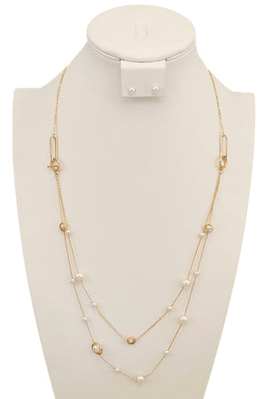 Layered Long Pearl Station Necklace Set