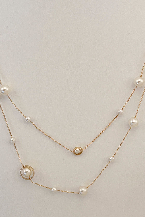 Layered Long Pearl Station Necklace Set