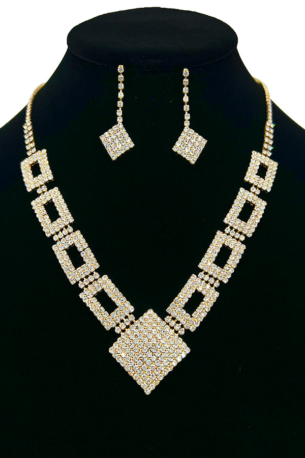 Rhinestone Rectangle DIiamond Shape Necklace Set