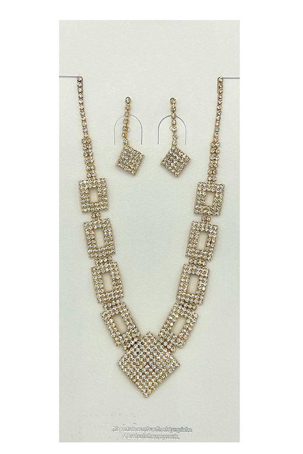 Rhinestone Rectangle DIiamond Shape Necklace Set