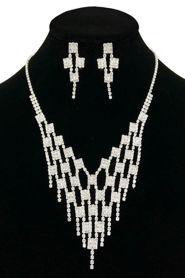 Rhinestone Pave Net Fringe Evening Necklace Set