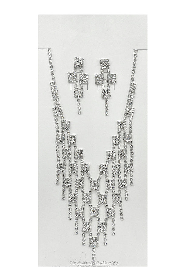 Rhinestone Pave Net Fringe Evening Necklace Set