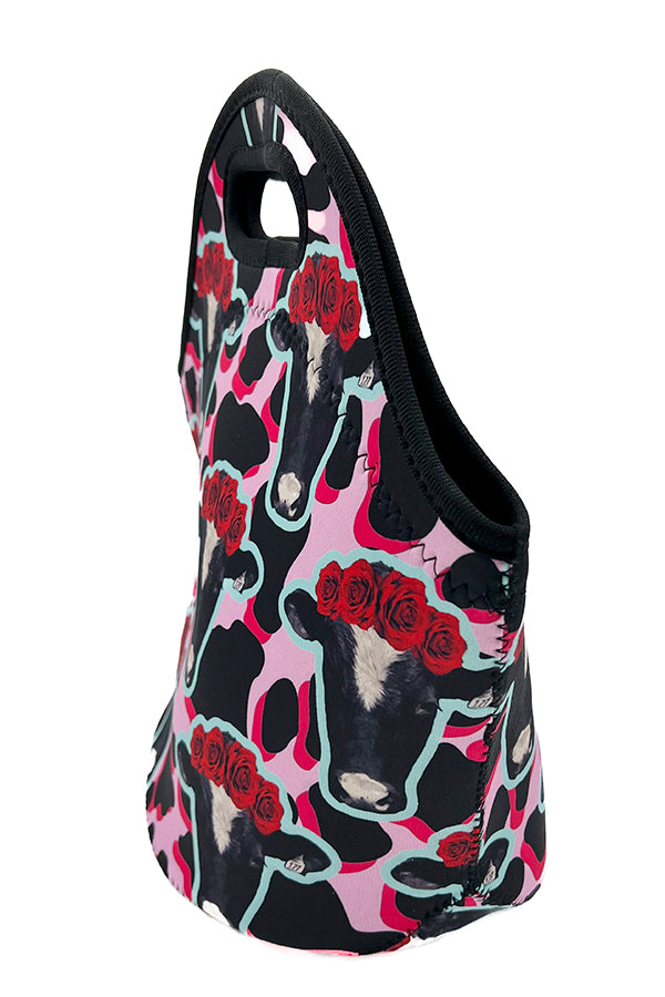 Floral Cow Head Print Insulated Lunch Bag