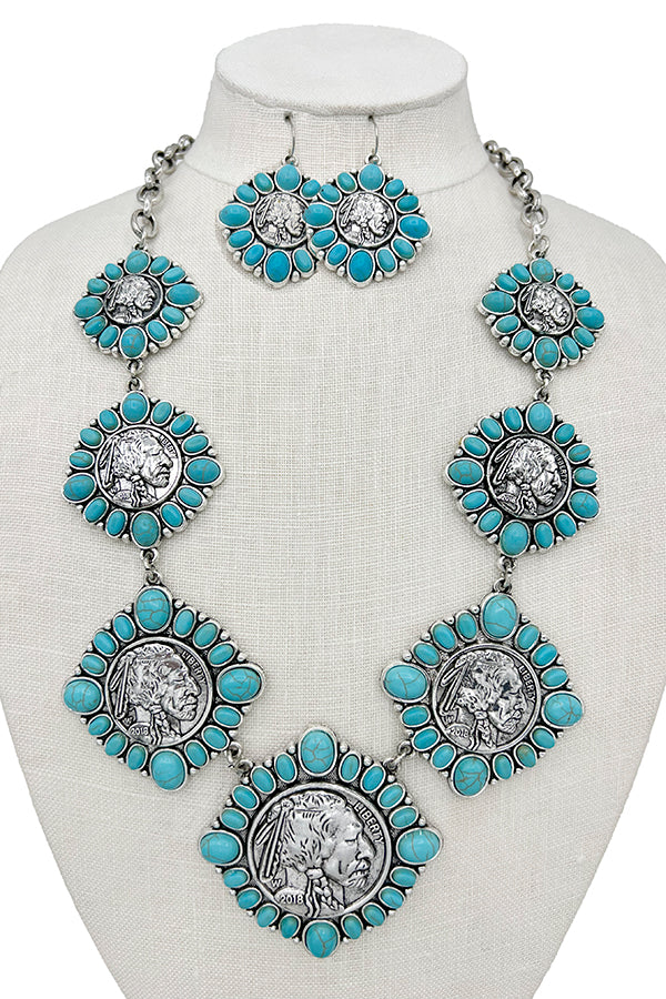 Indian Chief Gemstone Framed Necklace Set