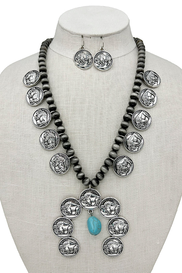 Buffalo Disk Bead Dangle Necklace Set