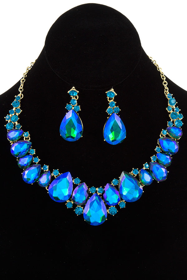 FACETED TEARDROP GEM LINK BIB NECKLACE SET