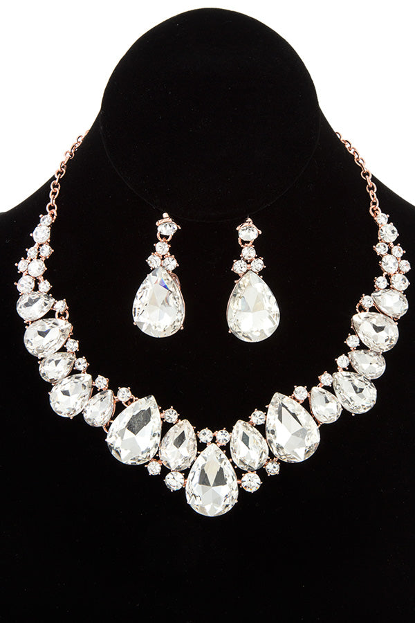 FACETED TEARDROP GEM LINK BIB NECKLACE SET