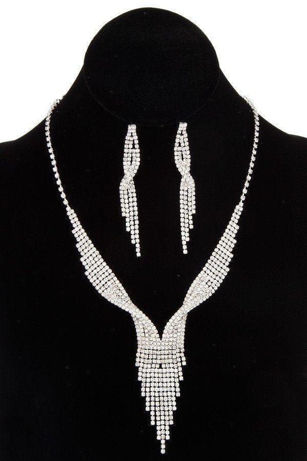 Twisted V Neck Fringe Rhinestone Necklace Set